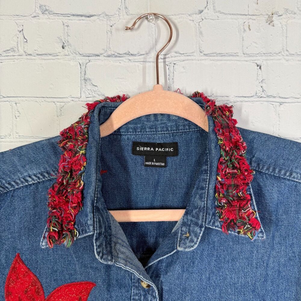 Sierra Pacific Large Denim Christmas Shirt Poinsettia Plaid Holiday Applique - Picture 4 of 11